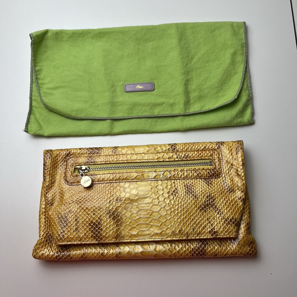 ABAS Snakeskin Embossed Yellow Brown Bag Clutch Purse